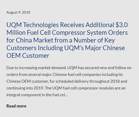 美國UQM公司官方網(wǎng)站報道關(guān)于燃料電池空氣壓縮機系統(tǒng)訂單的報道